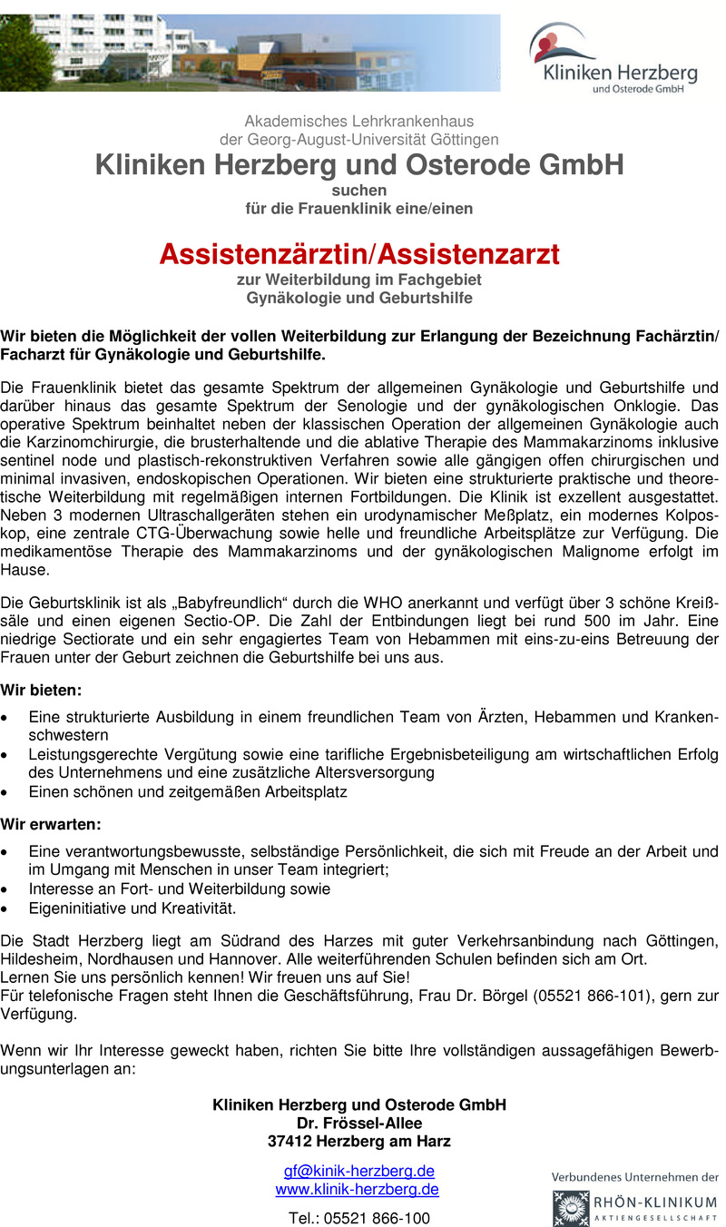 Stellenanzeige Assistenz�rztin/Assistenzarzt Gyn�kologie und Geburtshilfe