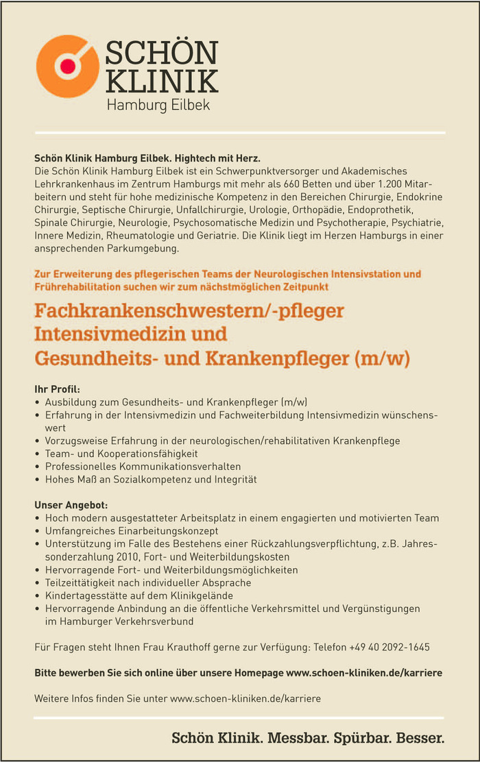 Stellenanzeige Fachkrankenschwestern/-pfleger Intensivmedizin und Gesundheits- und Krankenpfleger (m/w)