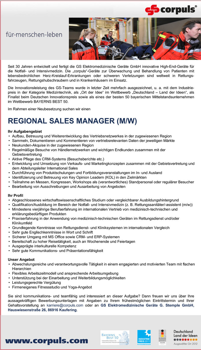 Stellenanzeige Regional Sales Manager (m/w)