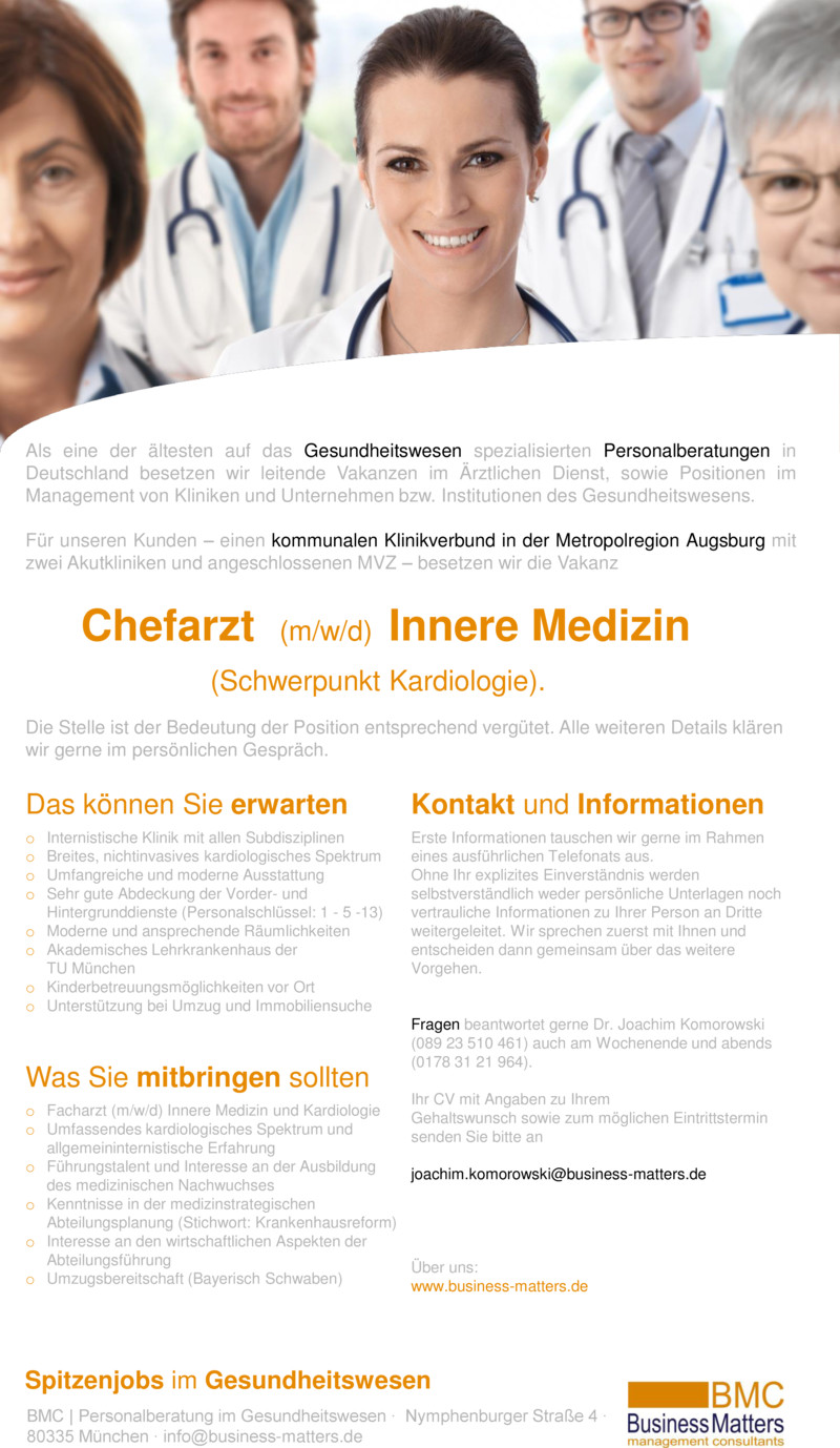 Stellenanzeige Chefarzt (m/w/d) Kardiologie +++ Kommunaler Trger +++ Metropolregion Augsburg +++