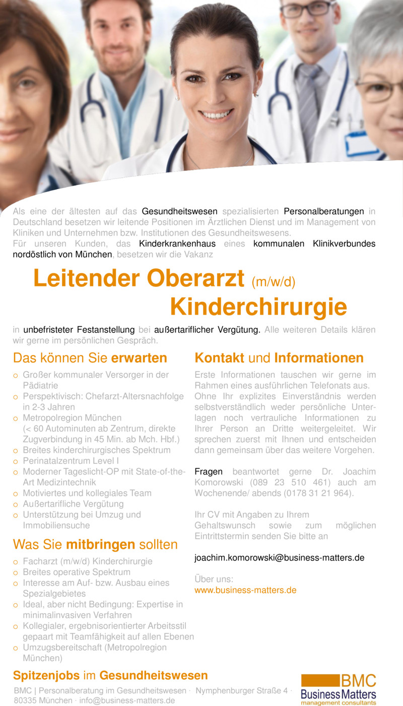 Stellenanzeige Leitender Oberarzt (m/w/d) Kinderchirurgie +++ Metropolregion Mnchen +++ Kommunales Haus +++ Exzellente Vergtung +++ PNZ Lev. I +++ Modernes Haus mit exzellenter OP- bzw. Medizintechnik