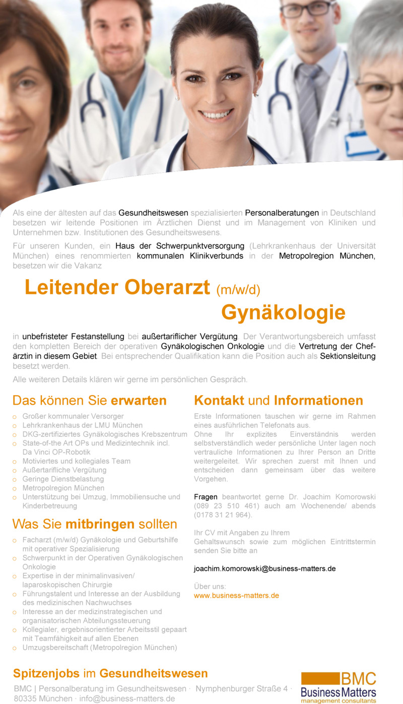 Stellenanzeige Leitender Oberarzt (m/w/d) Gyn�kologische Onkologie +++ Operativer Schwerpunkt mit geringer Dienstbelastung +++ Kommunaler Schwerpunktversorger +++ Teilzeit m�glich +++ Exzellente �bertarifliche Verg�tung