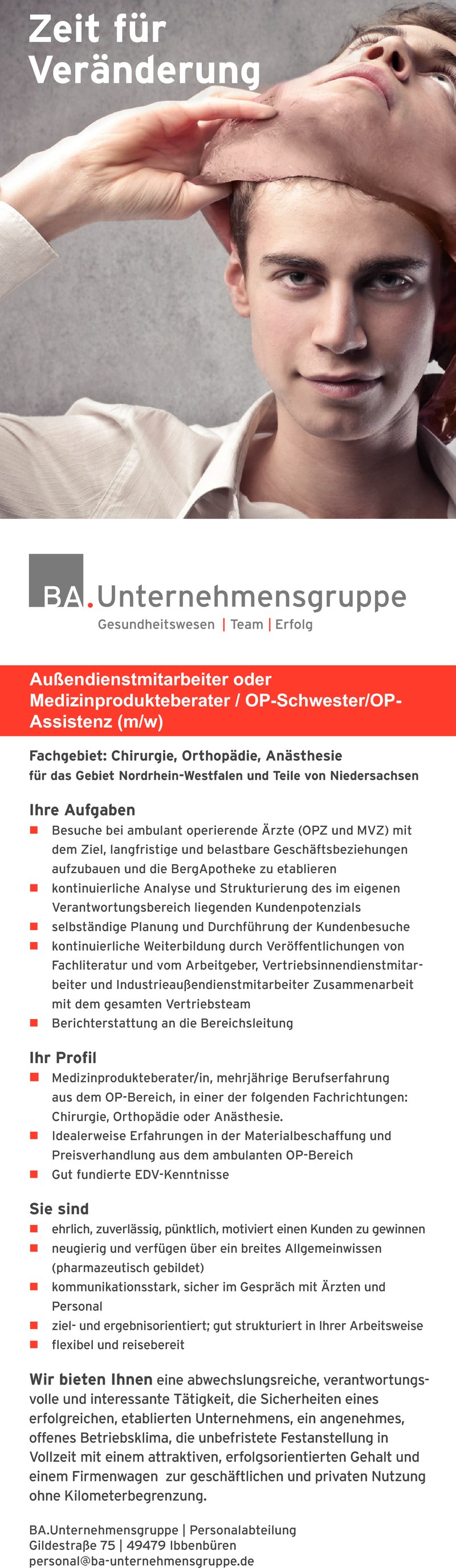 Stellenanzeige Außendienstmitarbeiter als  Medizinprodukteberater / OP-Schwester/OPAssistenz (m/w)