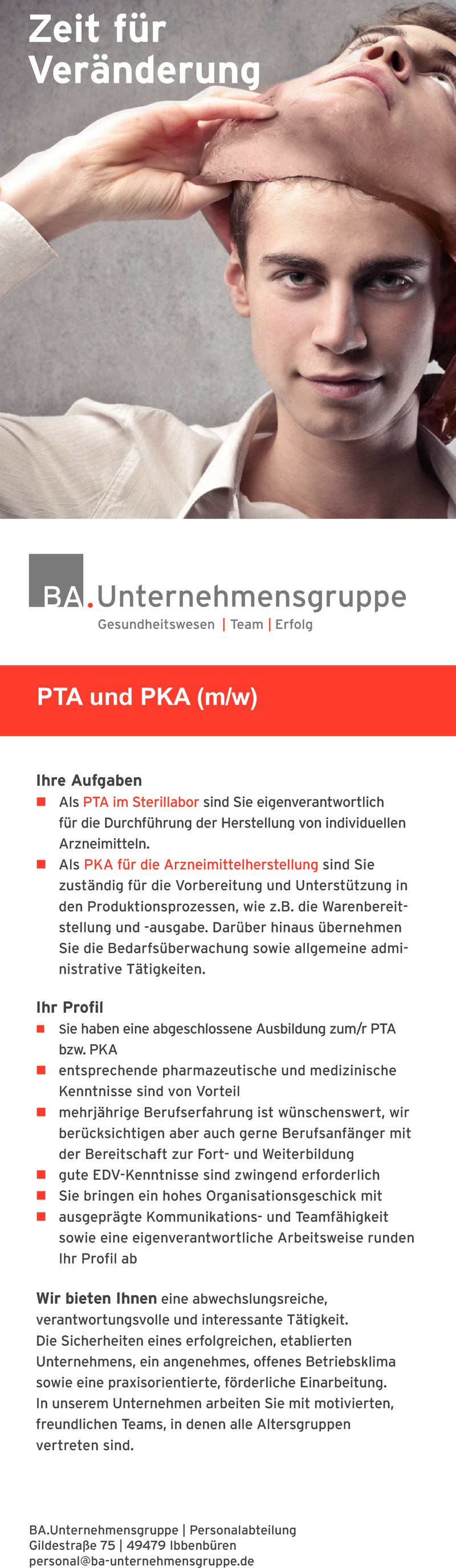 Stellenanzeige PTA/PKA Arzneimittelherstellung