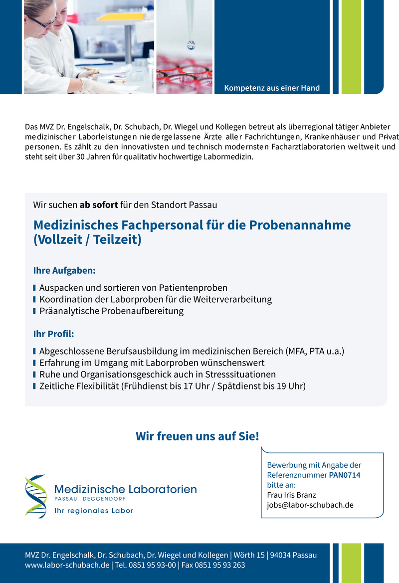 Stellenanzeige Medizinisches Fachpersonal fr die Probenannahme