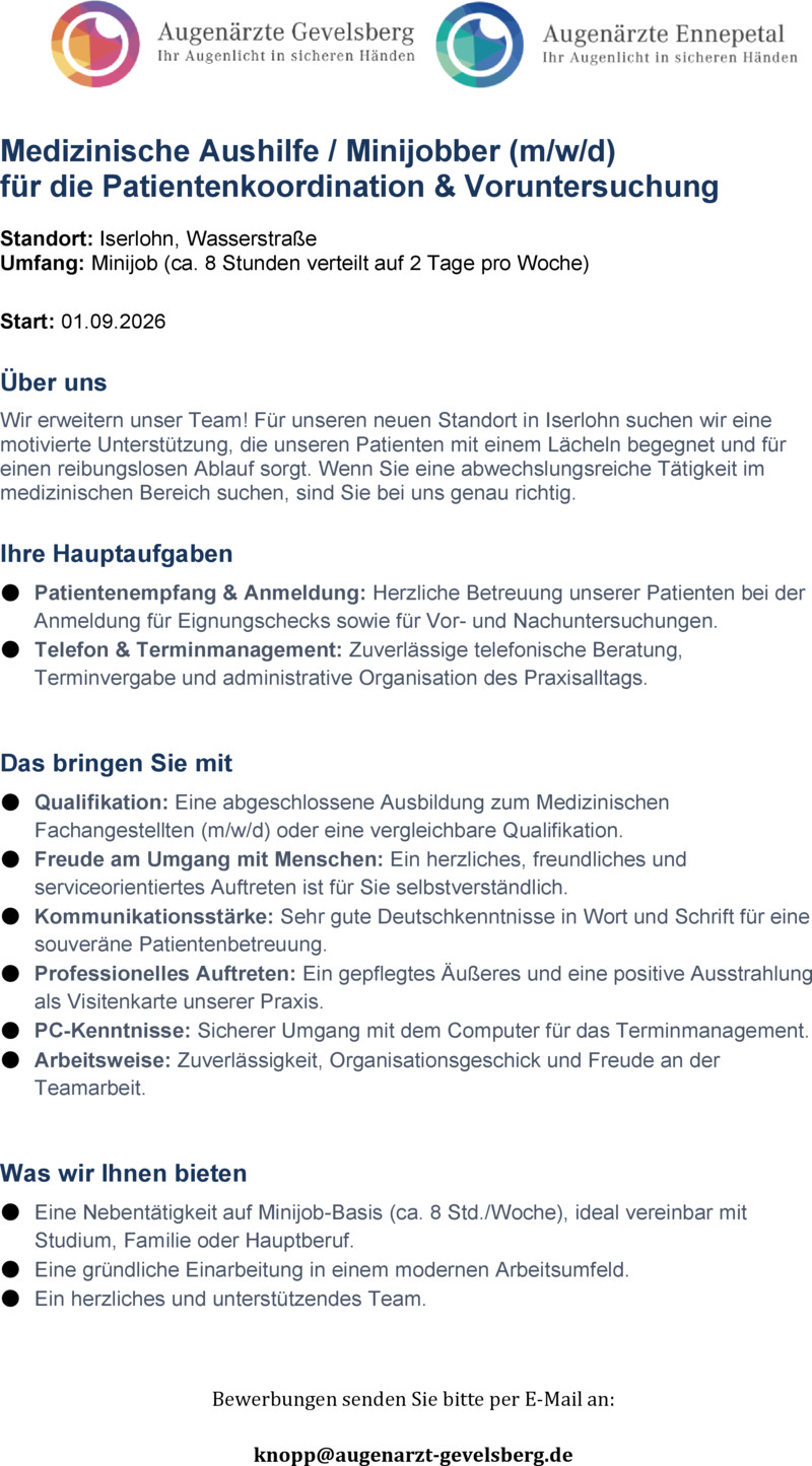 Stellenanzeige Aushilfe f�r den Empfang - Iserlohn