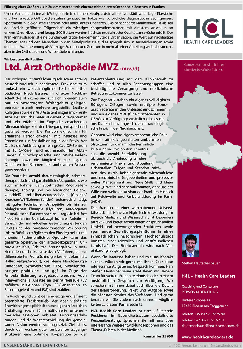 Stellenanzeige Ltd. Arzt Orthopdie MVZ (m/w/d) Ref: 22960