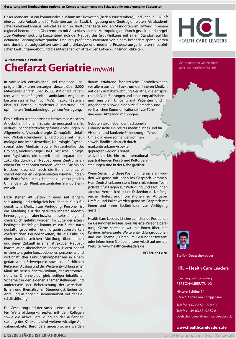 Stellenanzeige Chefarzt Geriatrie (m/w/d) Ref: 13170
