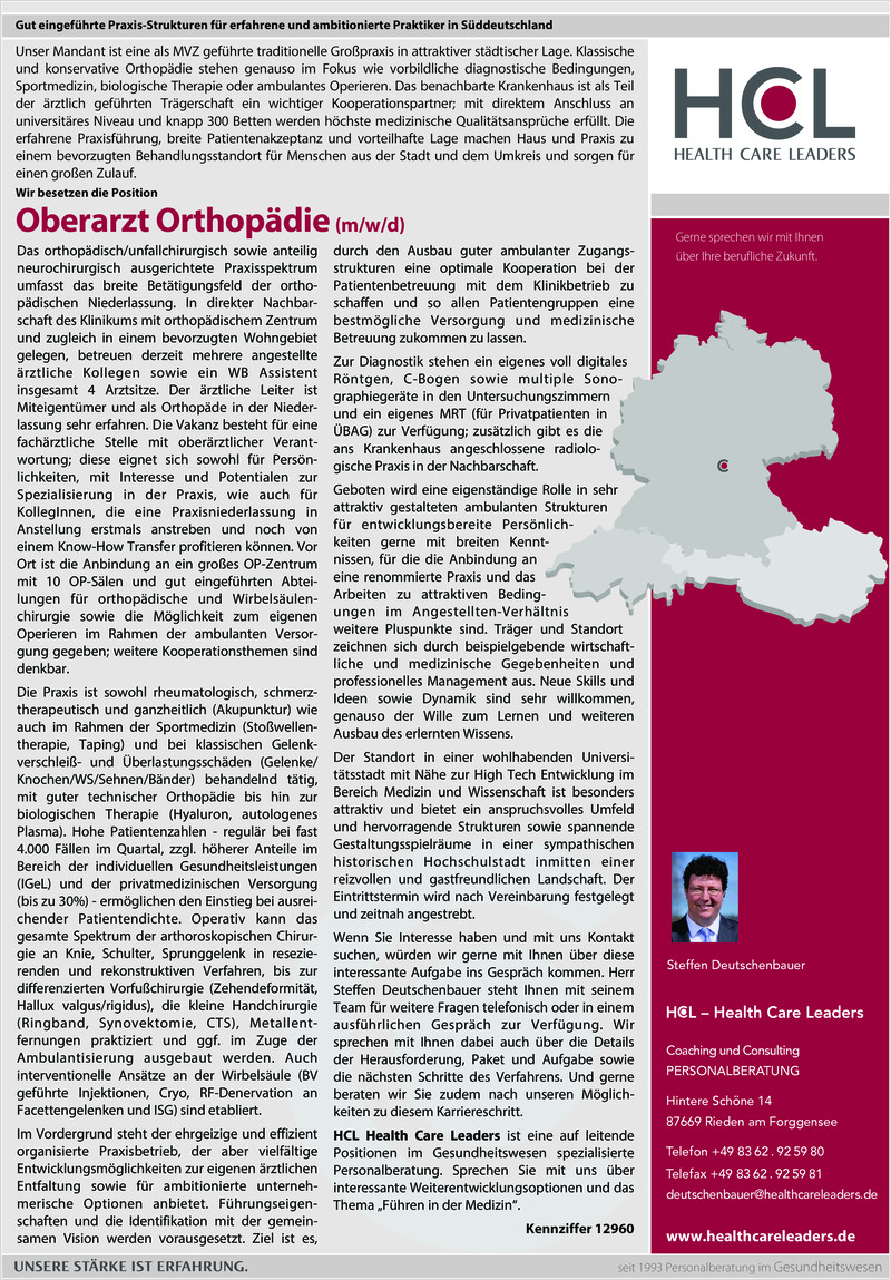 Stellenanzeige Oberarzt Orthopädie (m/w/d) Ref: 12960