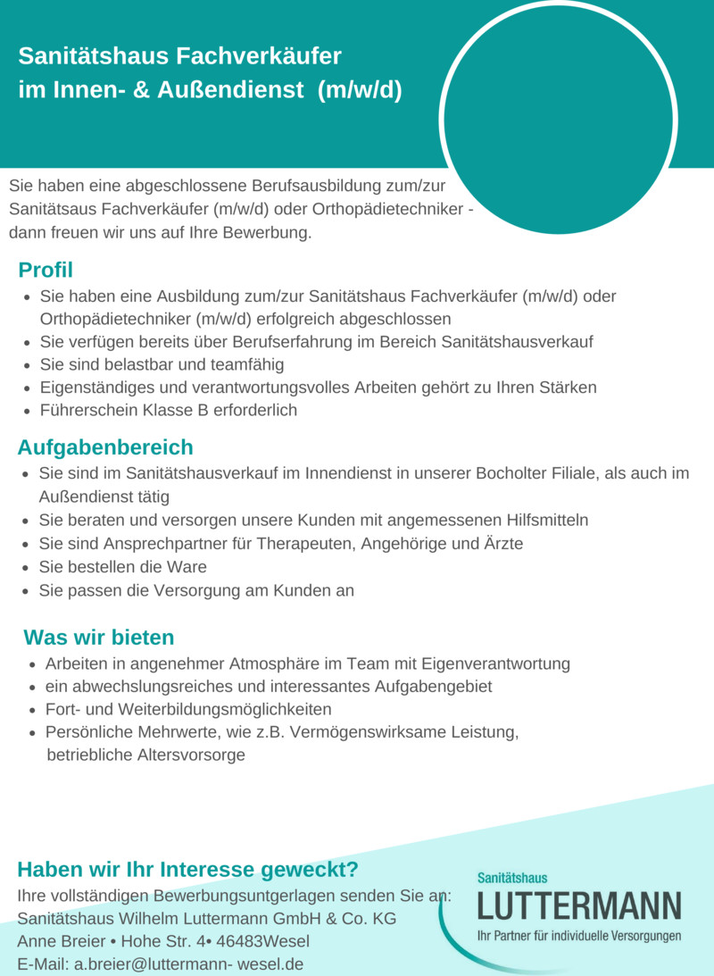 Stellenanzeige Sanittshaus Fachverkufer (m/w/d) 