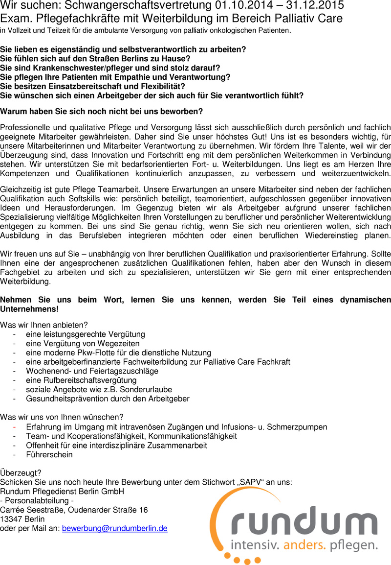 Stellenanzeige Schwangerschaftsvertretung fr exam. Pflegefachkraft mit Weiterbildung im Bereich Palliativ Care 