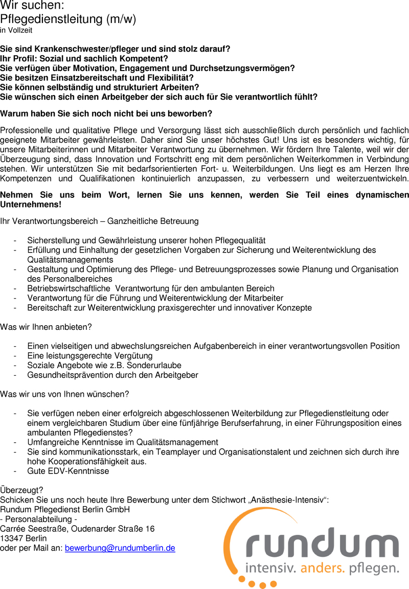 Stellenanzeige Pflegedienstleitung