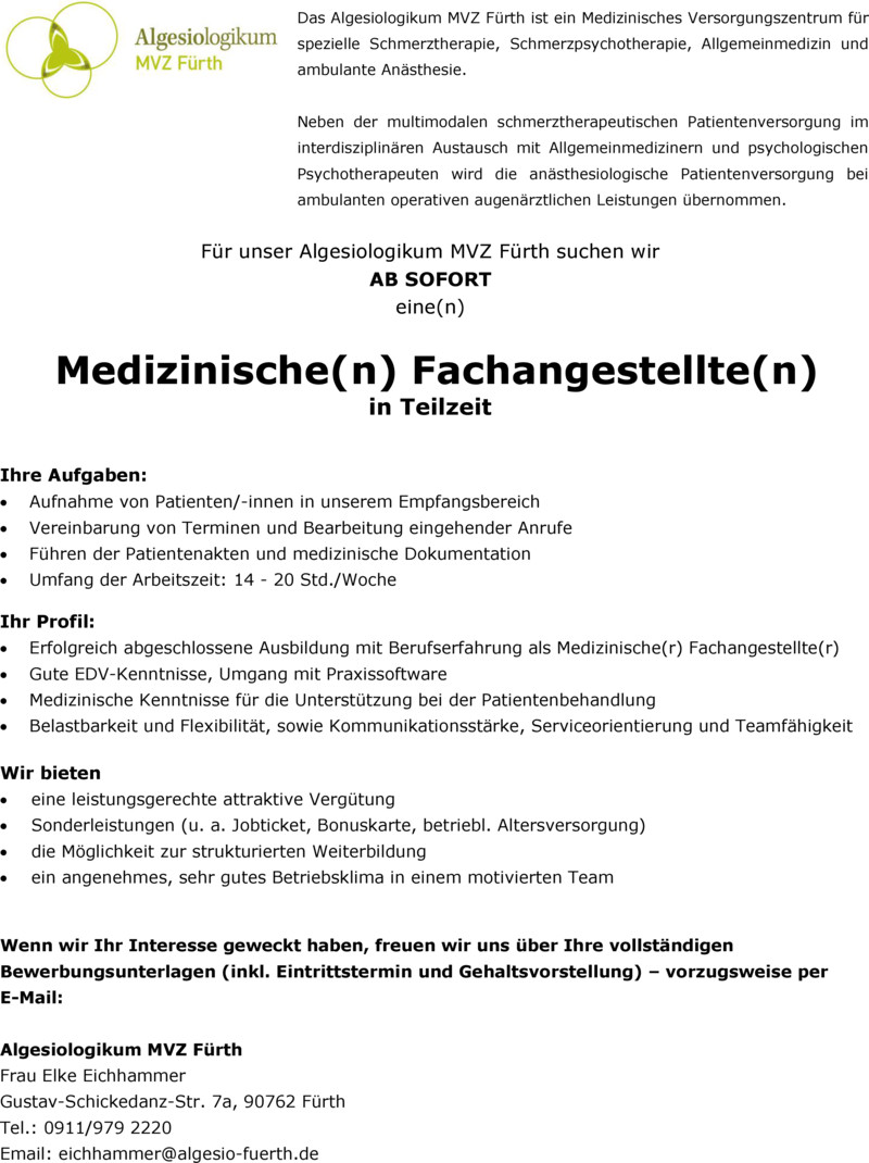Stellenanzeige Medizinische/r Fachangestellte/r