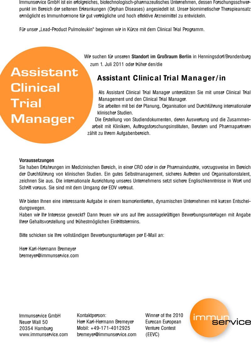 Stellenanzeige Assistant Clinical Trial Manager/in