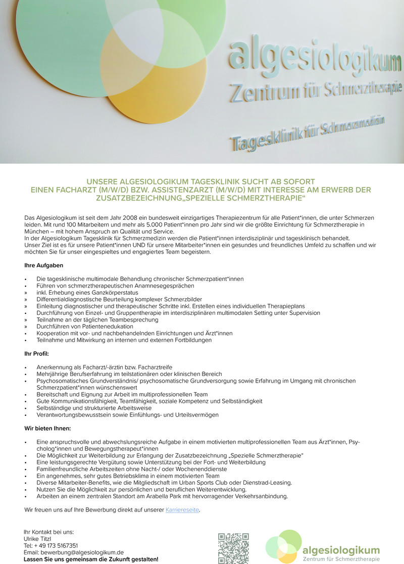 Stellenanzeige Facharzt (m/w/d) mit Interesse am Erwerb der Zusatzbezeichnung „Spezielle Schmerztherapie“ 