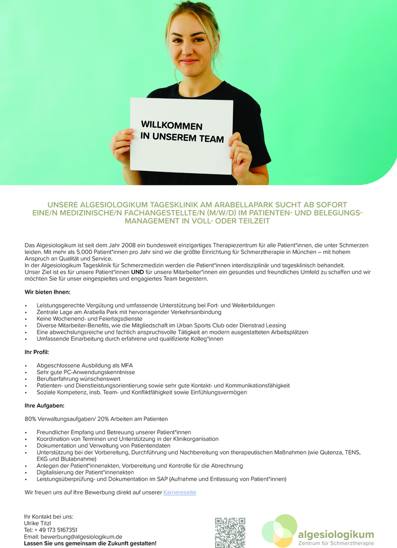 Stellenanzeige MFA (m/w/d)  im Patienten- und Belegungsmanagement 