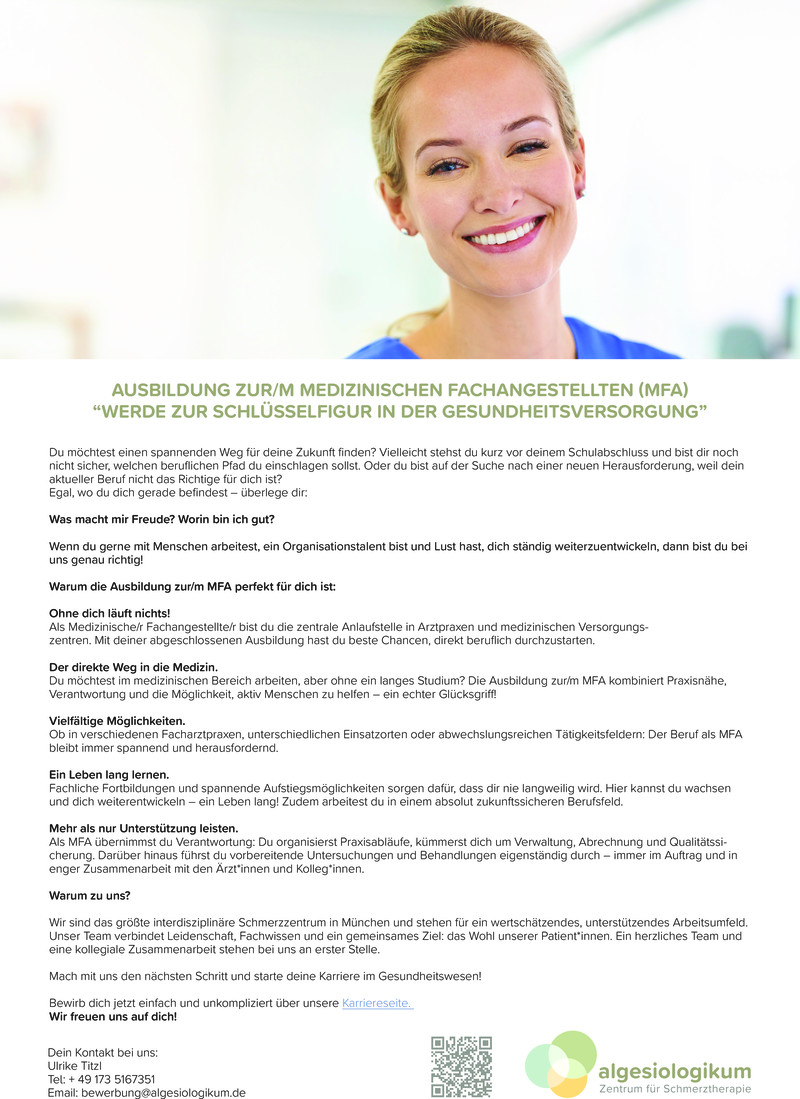 Stellenanzeige Ausbildung zur/zum medizinischen Fachangestellte/n (m/w/d)