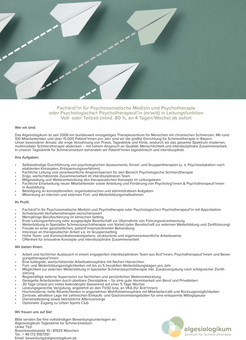 Stellenanzeige Fach�rzt*in f�r Psychosomatische Medizin und Psychotherapie oder Psychologische/r Psychotherapeut*in (m/w/d) in Leitungsfunktion 