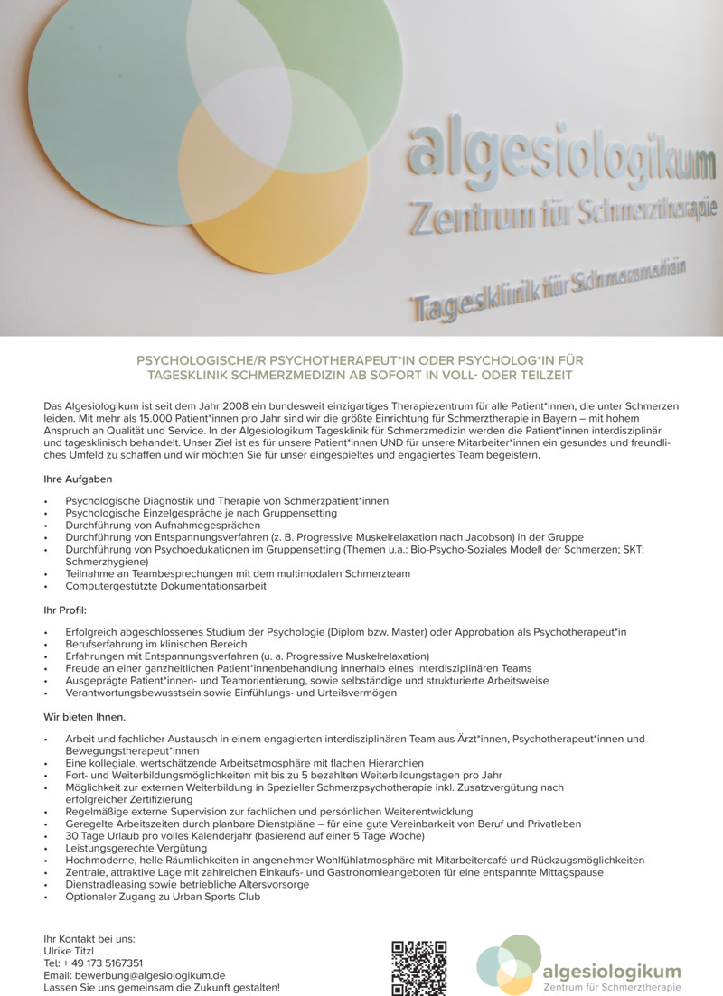 Stellenanzeige Psycholog*in  oder Psychologische*r Psychotherapeut*in (m/w/d) tagesklinisch
