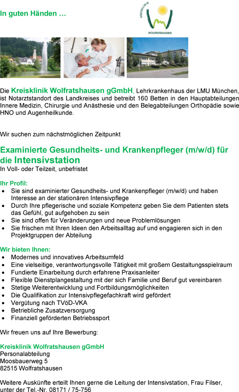 Stellenangebot Examinierte Gesundheits Und Krankenpfleger M W D Fur Die Intensivabteilung In Wolfratshausen Job