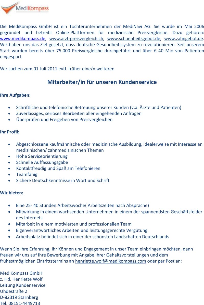 Stellenanzeige Mitarbeiter/ in Kundenservice