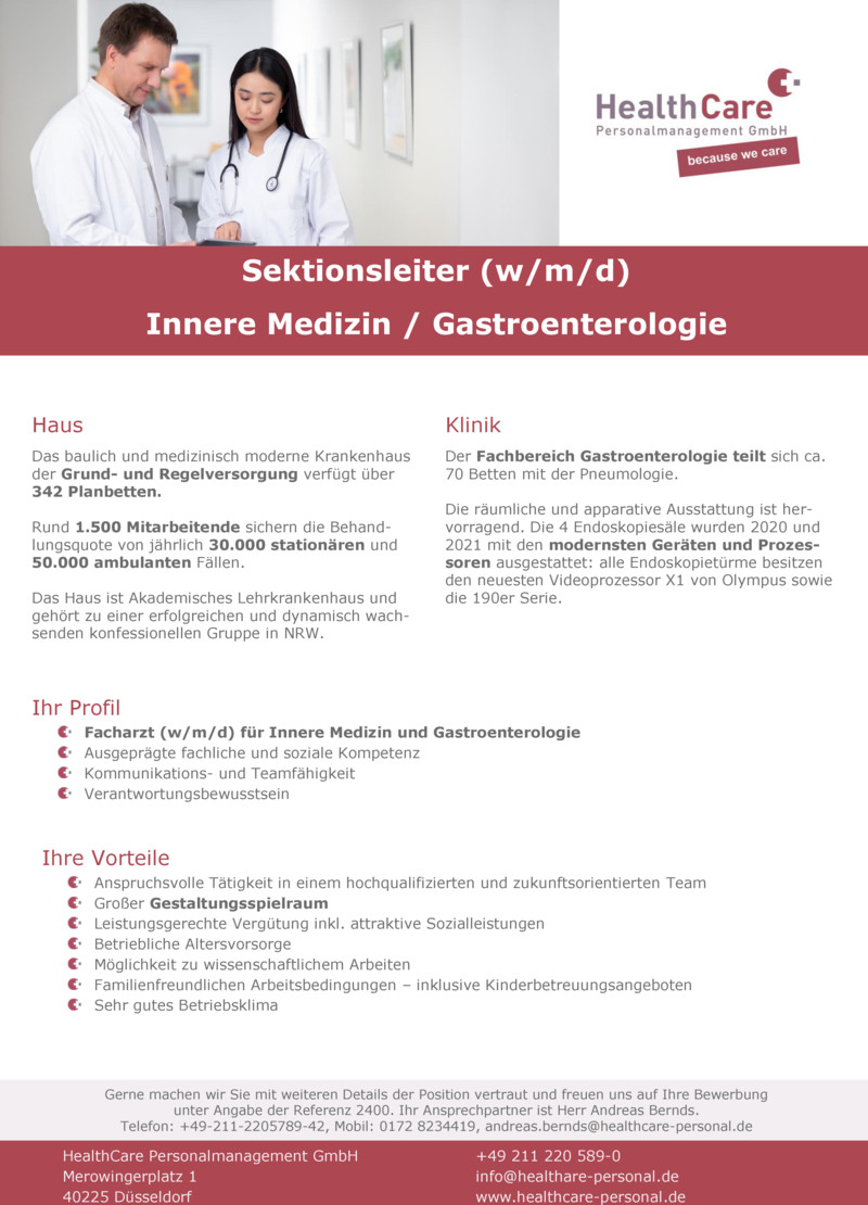 Stellenanzeige Sektionsleiter (w/m/d) Innere Medizin / Gastroenterologie