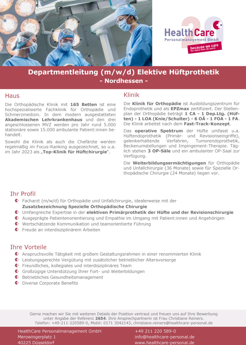 Stellenanzeige Departmentleitung (m/w/d) Elektive Hftprothetik