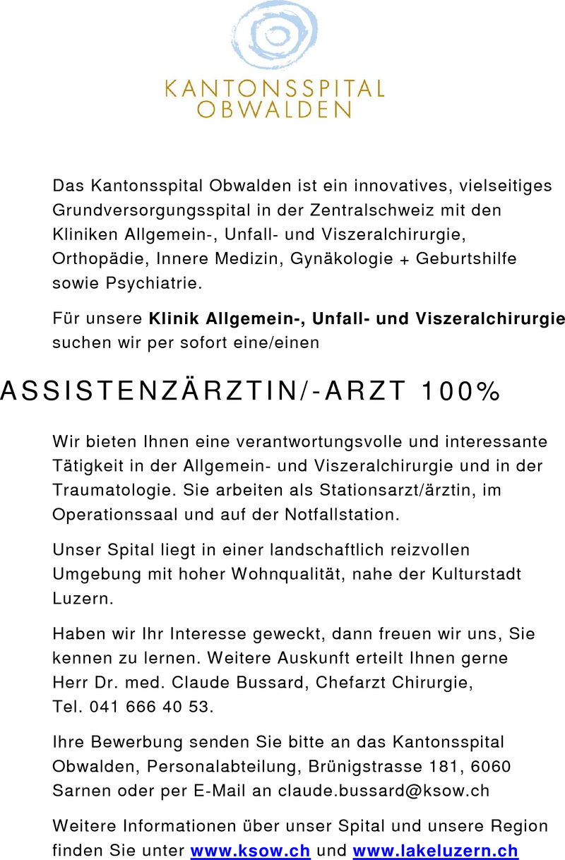 Stellenangebot Assistenzarzt Chirurgie In Sarnen Schweiz Job