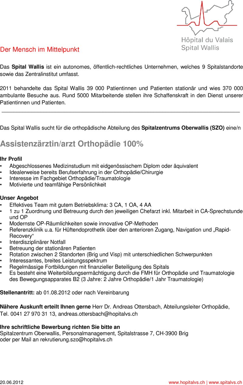 Stellenangebot Assistenzarztin Arzt Orthopadie In Brig Schweiz Job