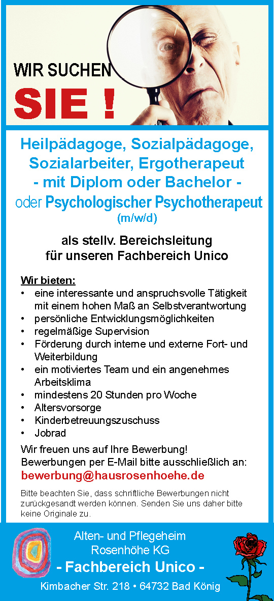 Stellenanzeige Heilpdagoge, Sozialpdagoge, Sozialarbeiter, Ergotherapeut mit Diplom oder Bachelor - oder Psychologischer Psychotherapeut (m/w/d) als stellv. Bereichsleitung fr unseren Fachbereich Unico