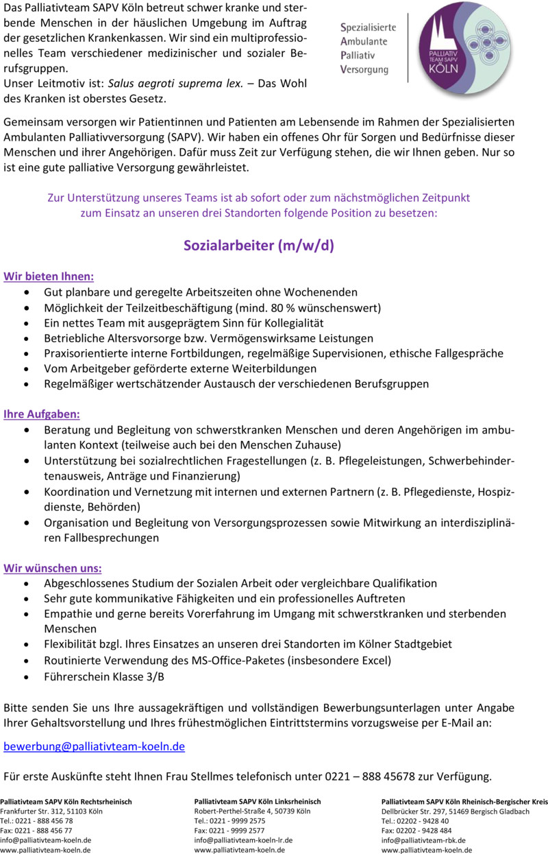Stellenanzeige Sozialarbeiter (m/w/d) ambulante Palliativversorgung