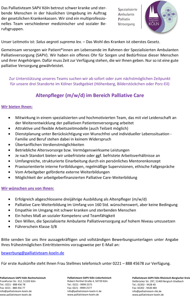 Stellenanzeige Stv. Teamleitung Pflege (m/w/d) ambulante Palliativversorgung