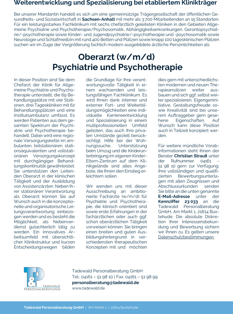 Stellenanzeige Oberarzt (w/m/d) Psychiatrie und Psychotherapie