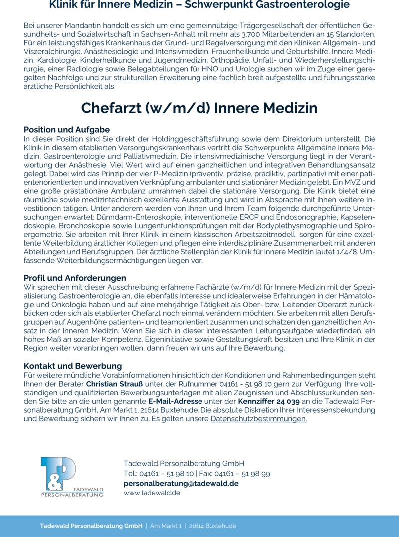 Stellenanzeige Chefarzt (w/m/d) Innere Medizin
