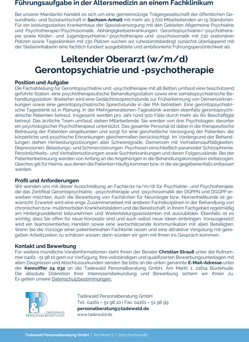 Stellenanzeige Leitender Oberarzt (w/m/d) Gerontopsychiatrie und -psychotherapie