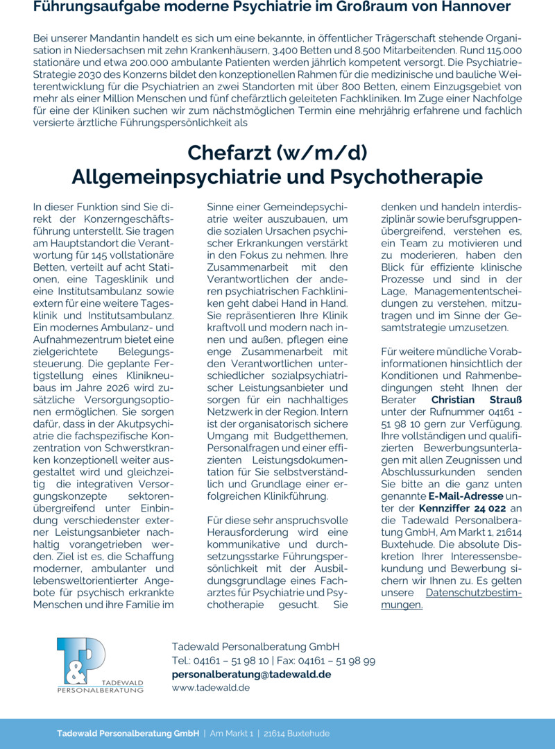 Stellenanzeige Chefarzt (w/m/d) Allgemeinpsychiatrie und Psychotherapie