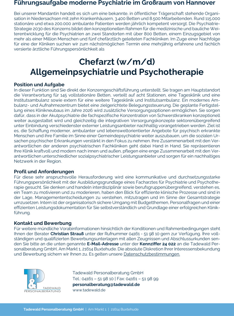 Stellenanzeige Chefarzt (w/m/d) Allgemeinpsychiatrie und Psychotherapie