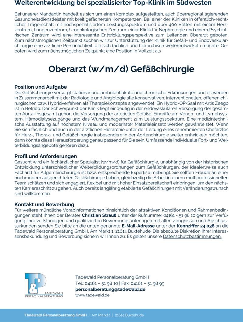Stellenanzeige Oberarzt (w/m/d) Gefäßchirurgie