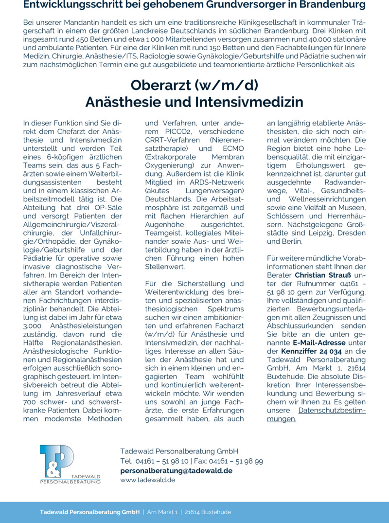 Stellenanzeige Oberarzt (w/m/d) Anästhesie und Intensivmedizin