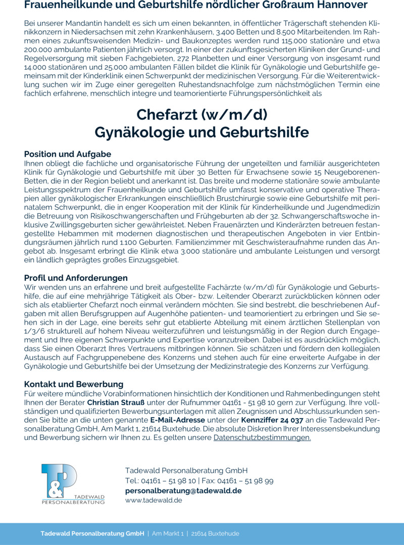 Stellenanzeige Chefarzt (w/m/d) Gynäkologie und Geburtshilfe