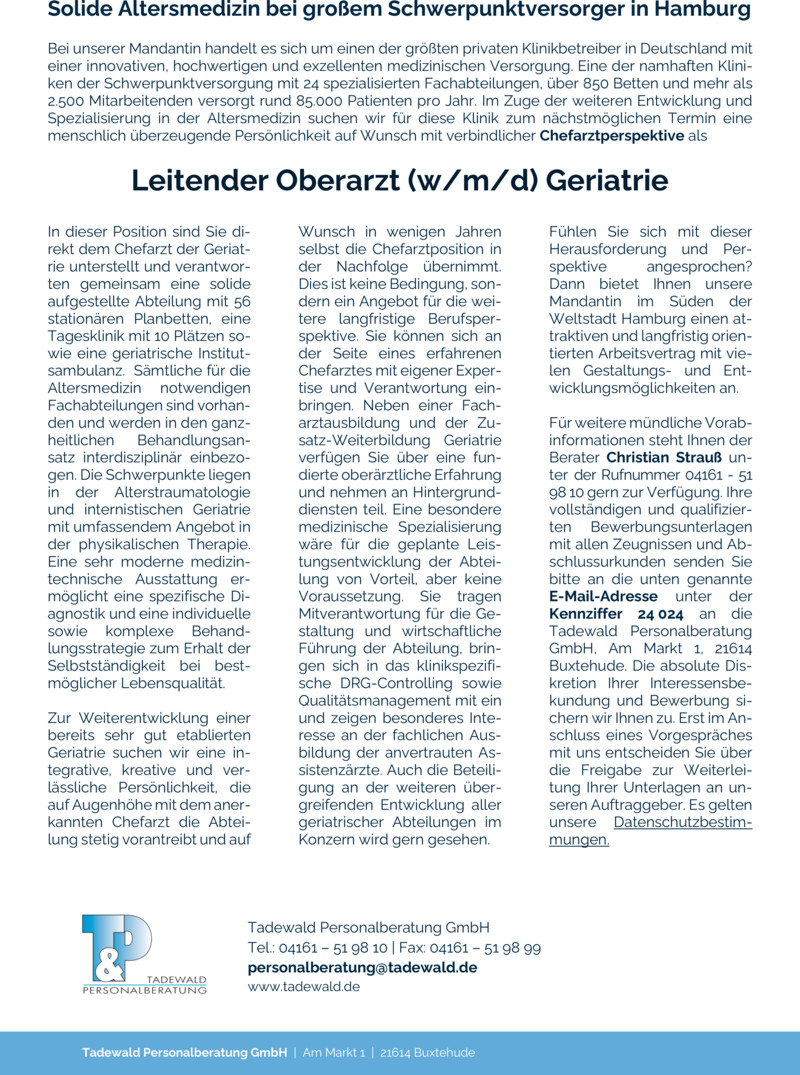 Stellenanzeige Leitender Oberarzt (w/m/d) Geriatrie