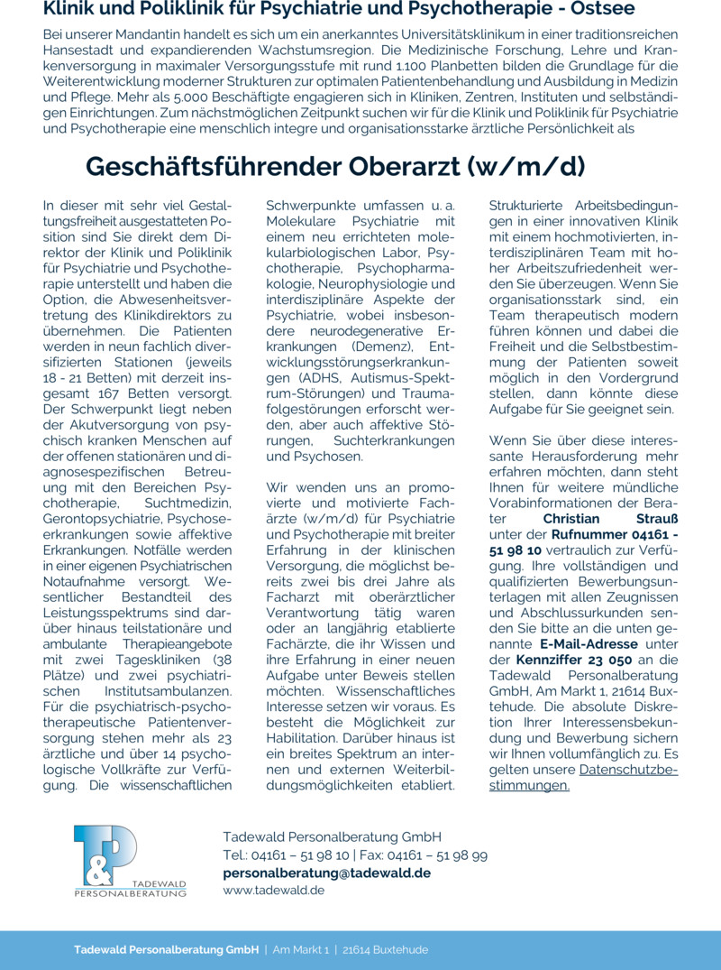 Stellenanzeige Geschftsfhrender Oberarzt (w/m/d)