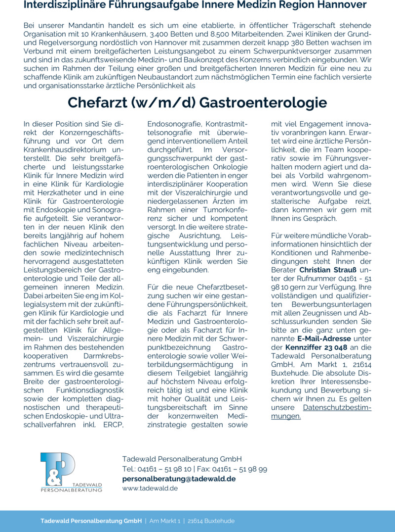 Stellenanzeige Chefarzt (w/m/d) Gastroenterologie