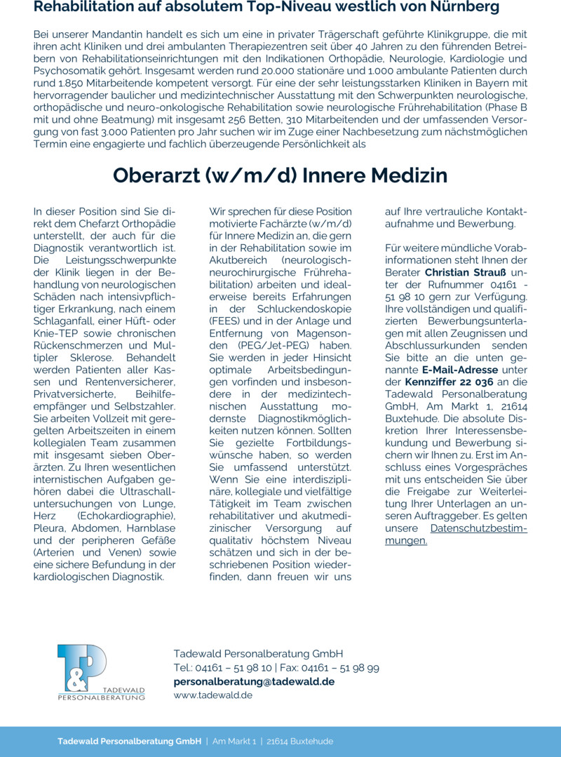 Stellenanzeige Oberarzt (w/m/d) Innere Medizin