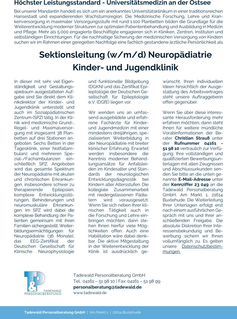 Stellenanzeige Sektionsleitung (w/m/d) Neuropdiatrie