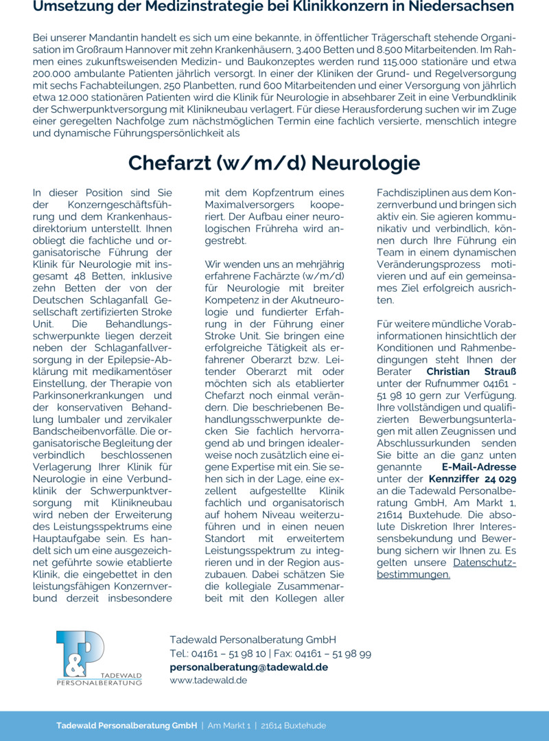 Stellenanzeige Chefarzt (w/m/d) Neurologie