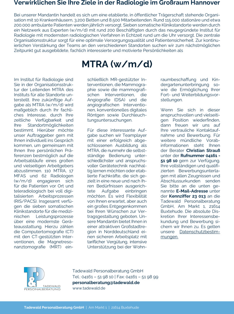 Stellenanzeige MTRA (w/m/d)