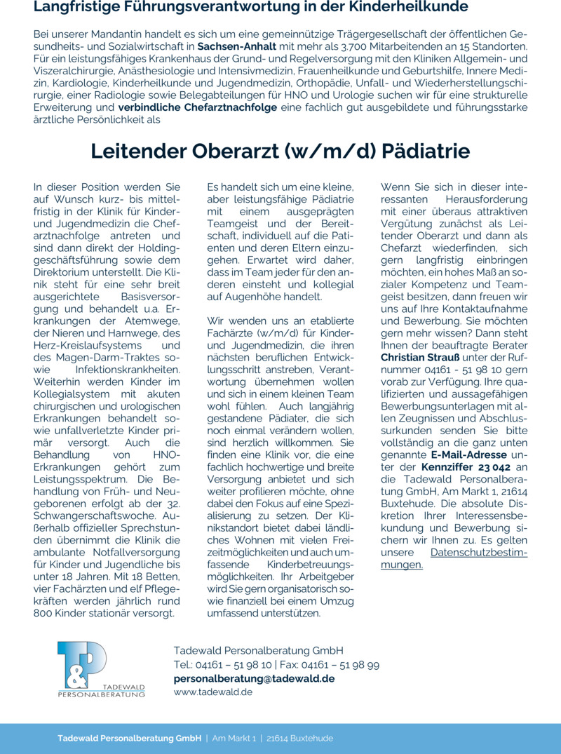 Stellenanzeige Leitender Arzt (w/m/d) Pädiatrie