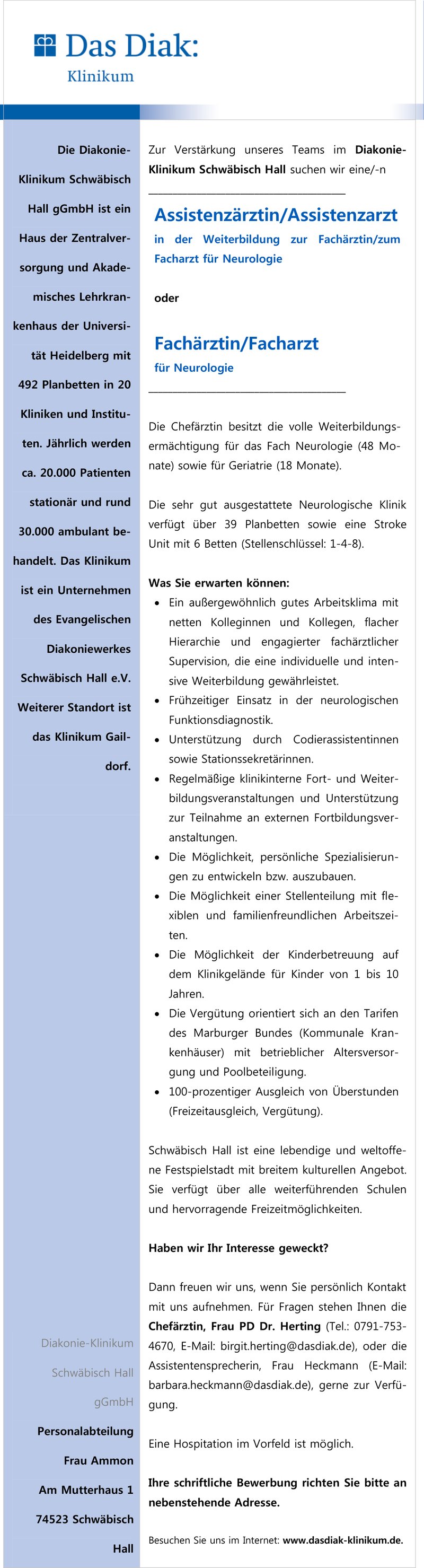 Stellenanzeige Fachrztin/Facharzt fr Neurologie