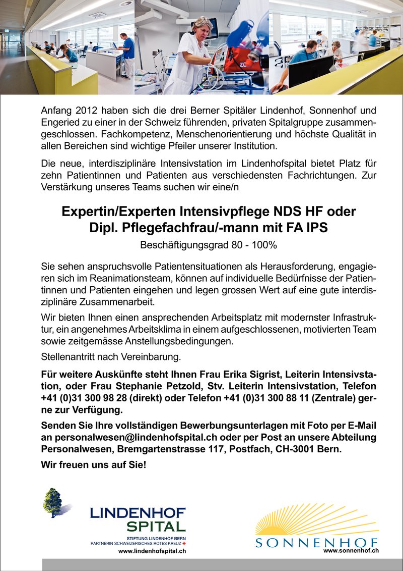 Stellenanzeige Experte/-in Intensivpflege NDS HF